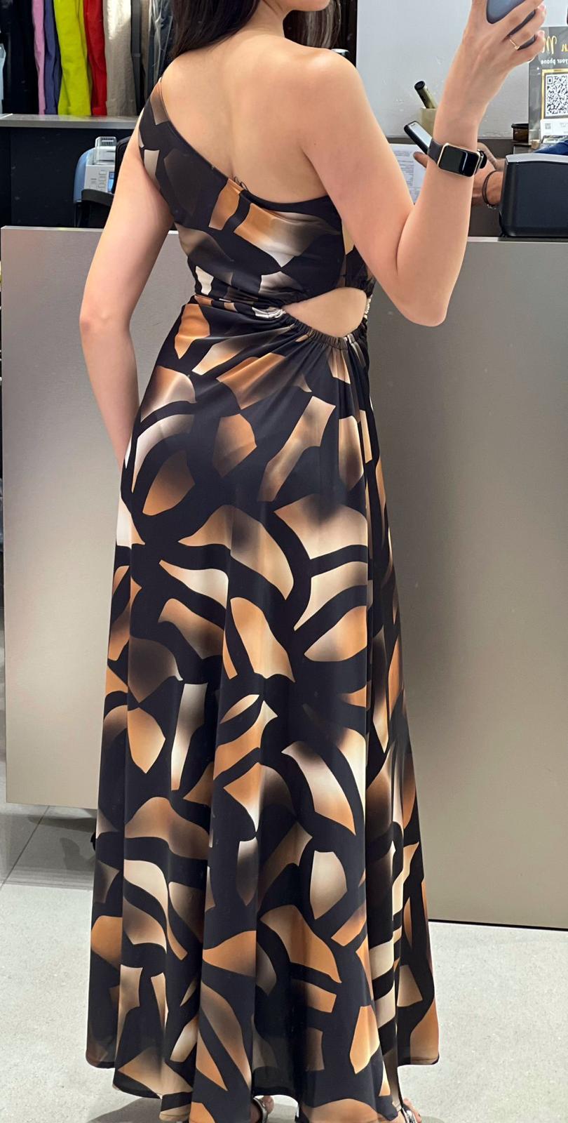 Bel Detaylı Desenli Kahverengi Saten Elbise