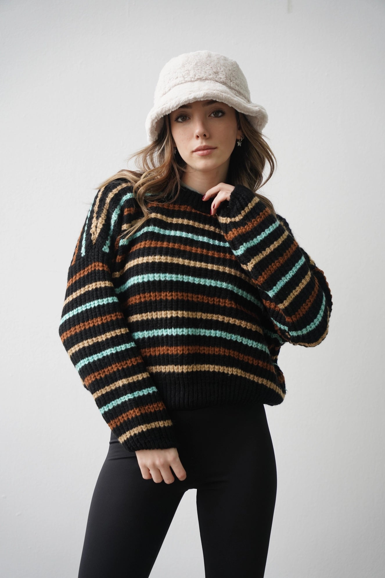 Crop Örme Triko Kazak - Renkli Çizgili Siyah