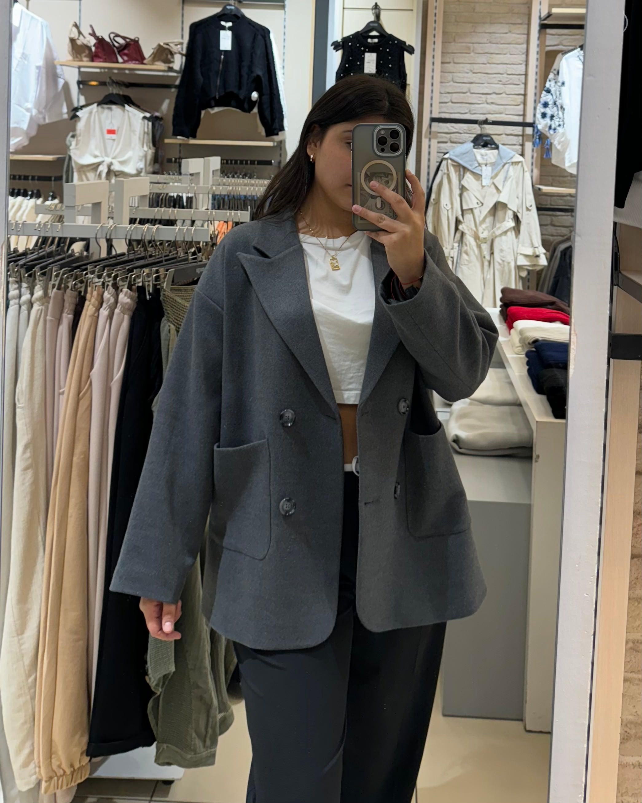 Gri Önü Düğmeli Kaşe Ceket