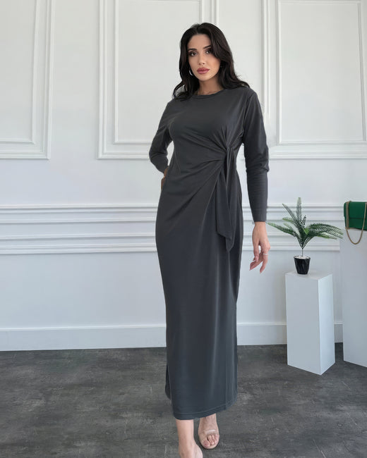 Yandan Bağlamalı Uzun Kollu Elbise