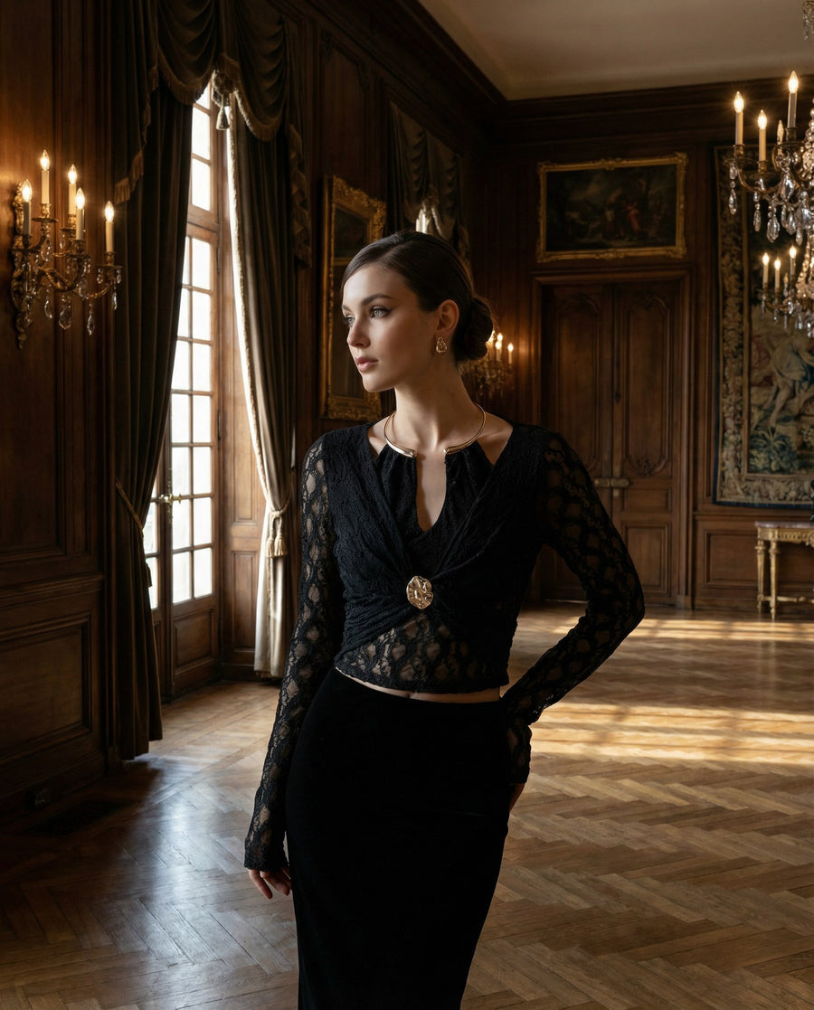 METAL AY YAKA DANTEL TOP BLUZ