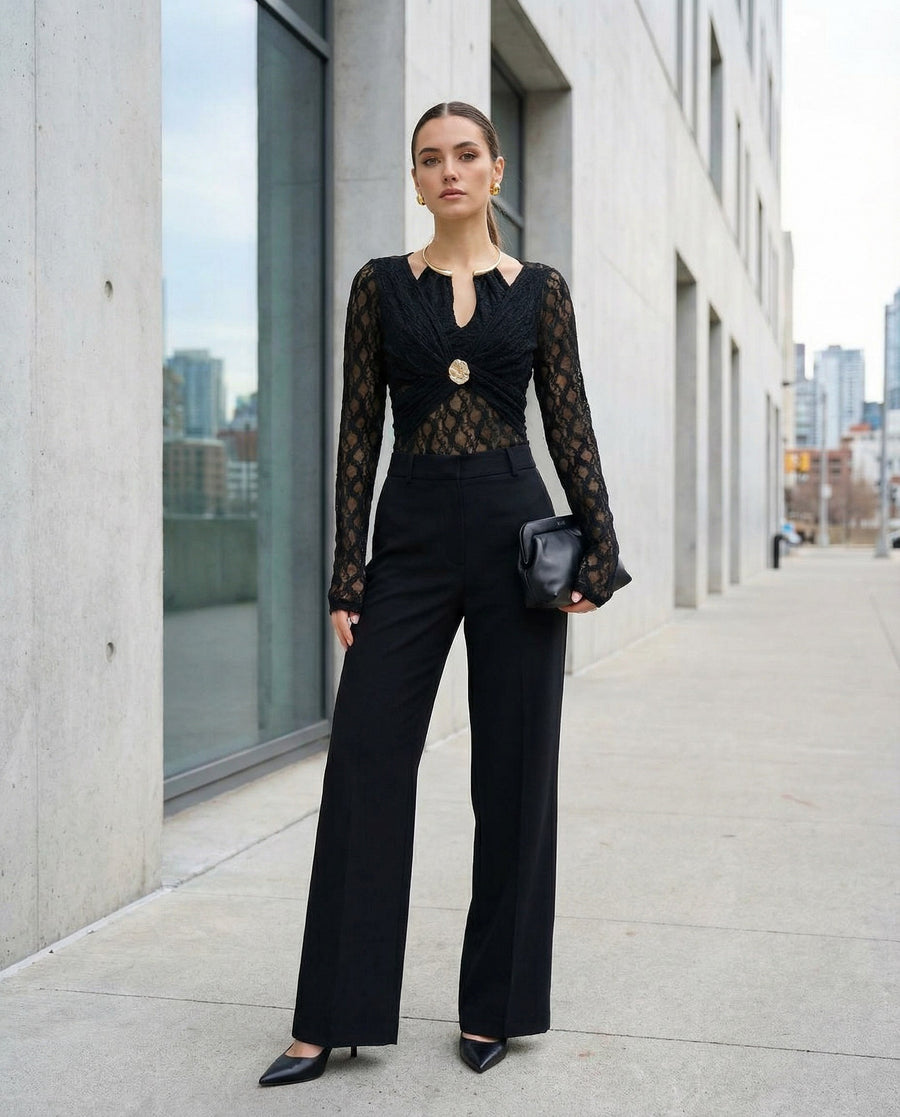 METAL AY YAKA DANTEL TOP BLUZ