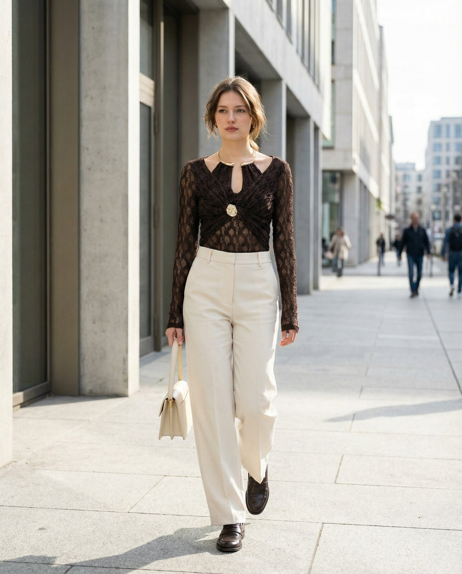 METAL AY YAKA DANTEL TOP BLUZ