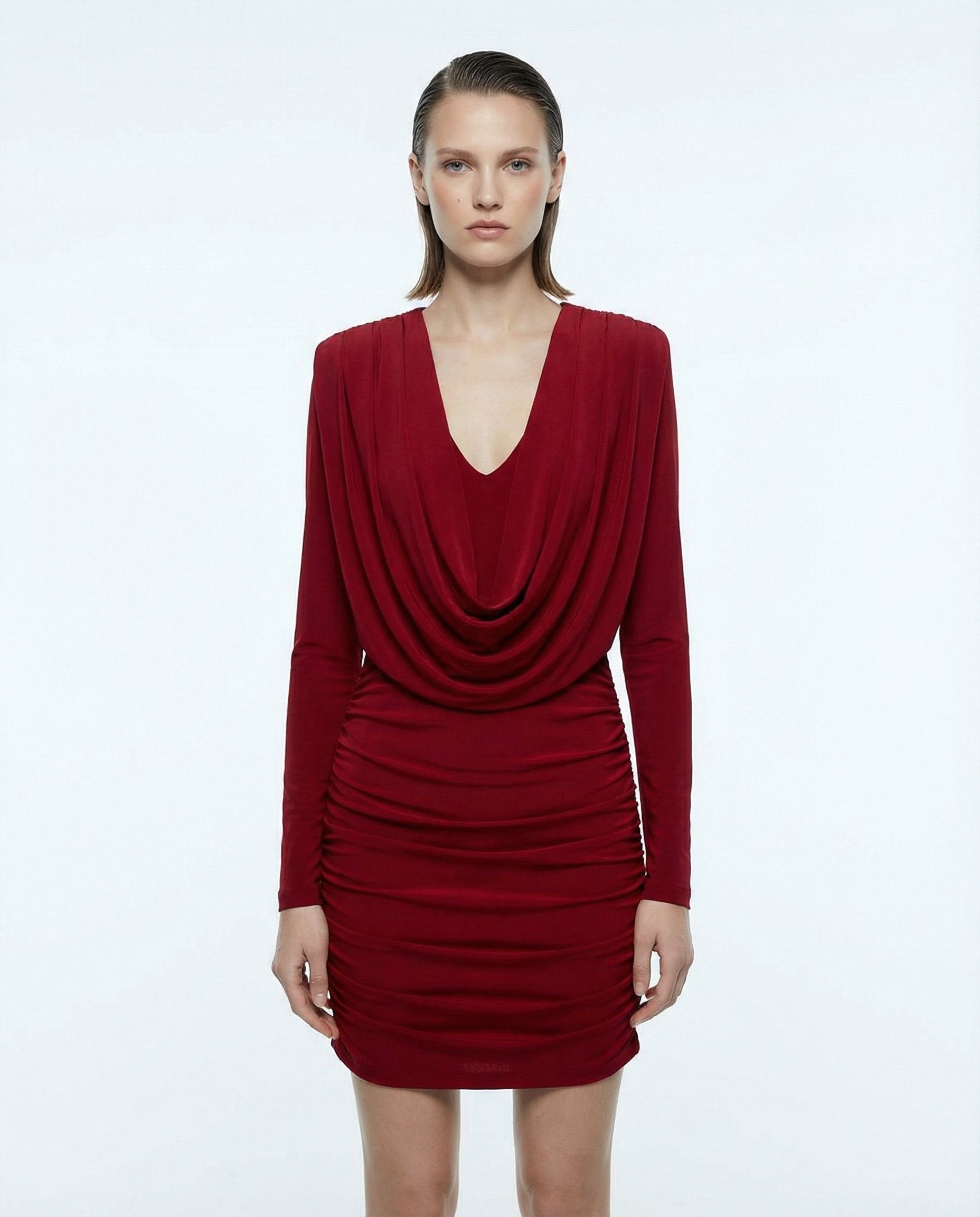 DEGAJE YAKA DRAPE MİNİ ELBİSE