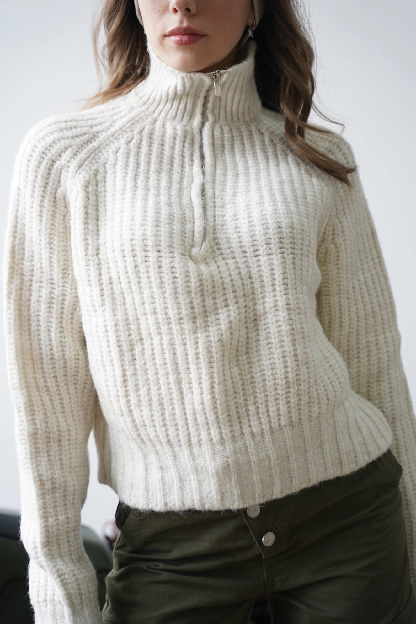 Yarım Fermuarlı Kazak - Beyaz