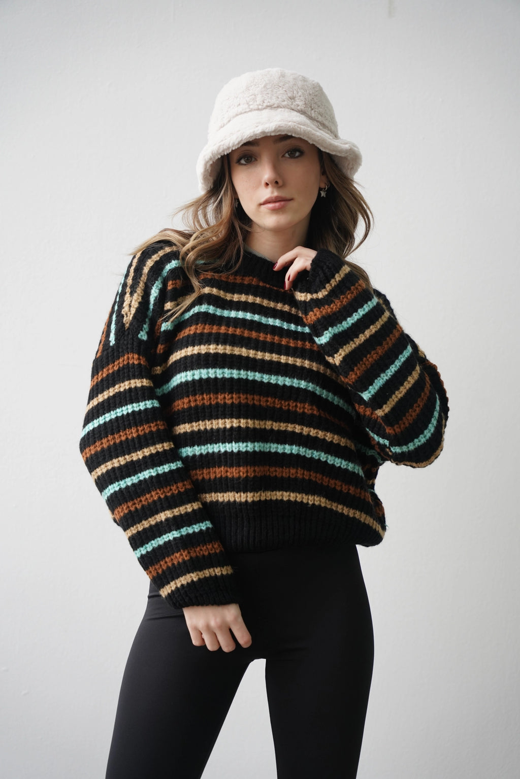 Crop Örme Triko Kazak - Renkli Çizgili Siyah