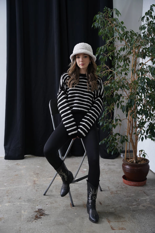 Crop Örme Triko Kazak - Çizgili Siyah