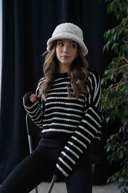 Crop Örme Triko Kazak - Çizgili Siyah