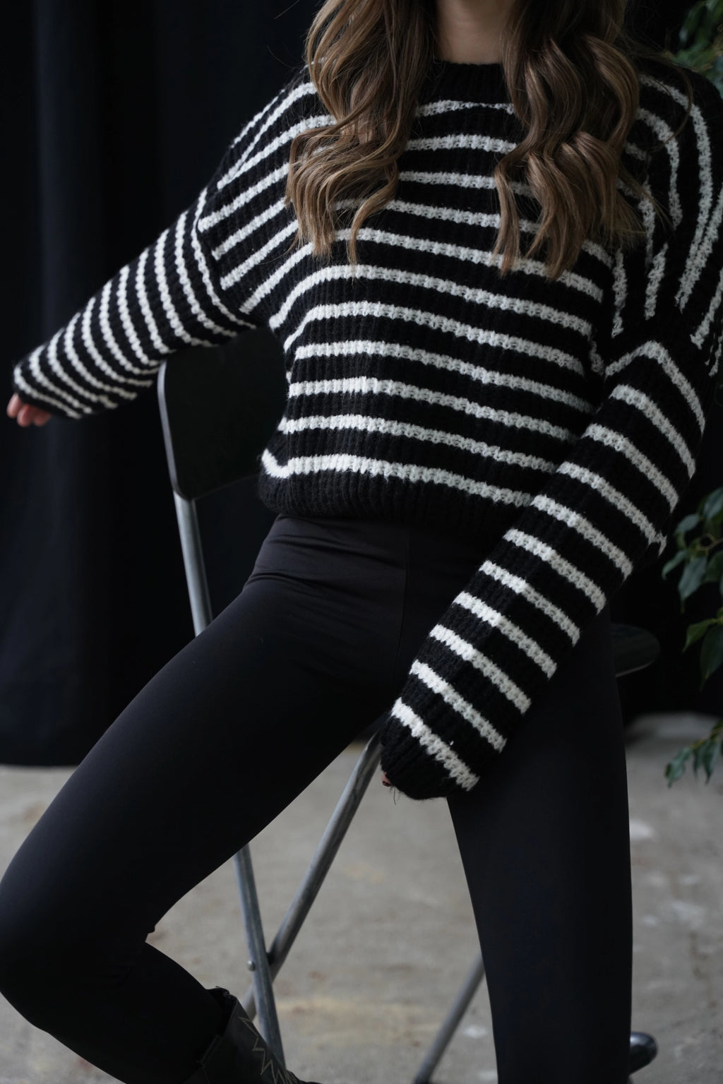 Crop Örme Triko Kazak - Çizgili Siyah