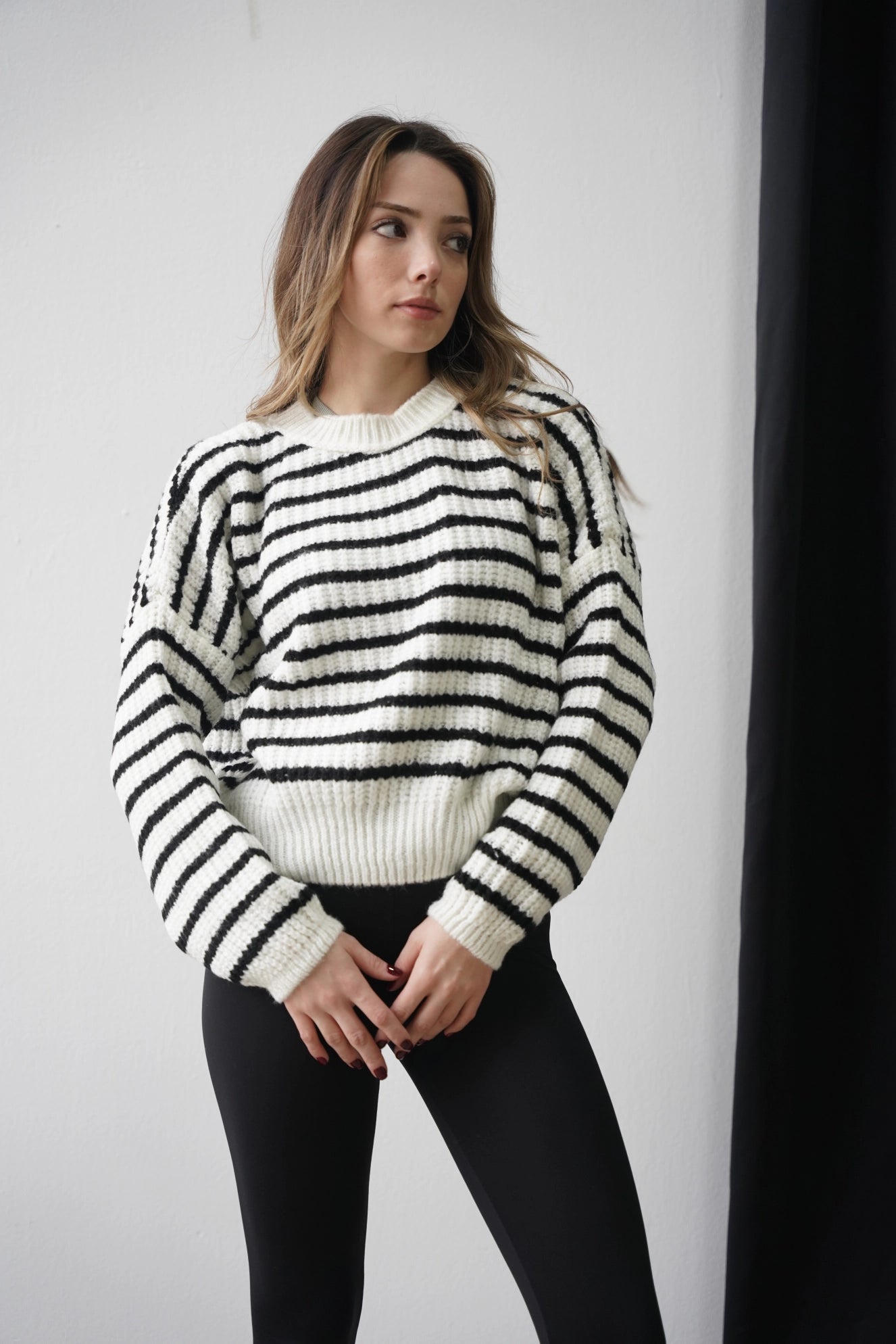 Crop Örme Triko Kazak - Çizgili Beyaz