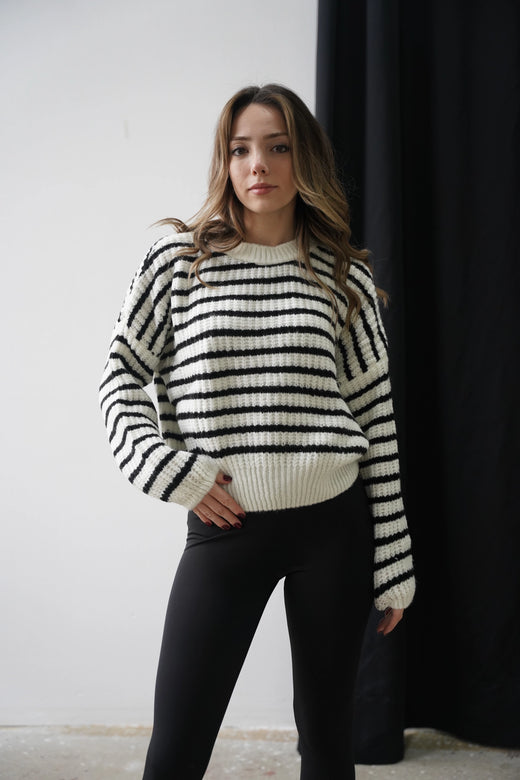 Crop Örme Triko Kazak - Çizgili Beyaz