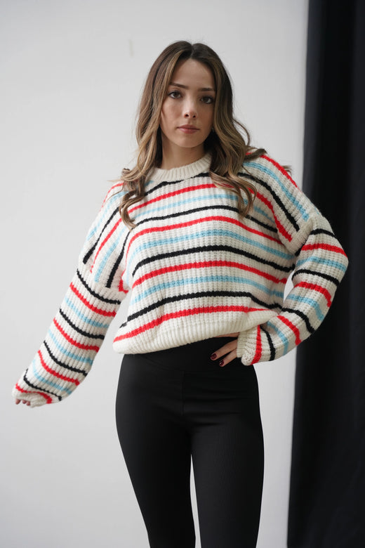 Crop Örme Triko Kazak - Renkli Çizgili Beyaz
