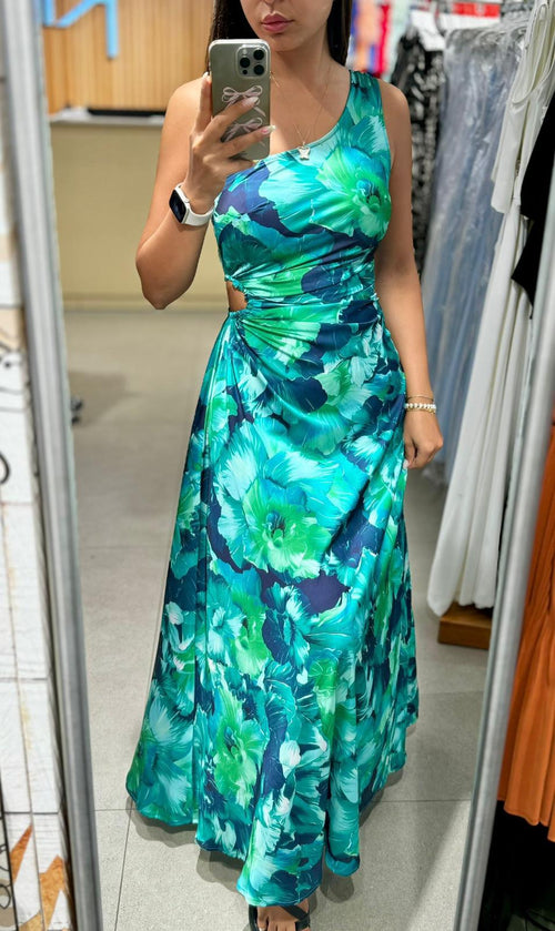 Bel Detaylı Desenli Yeşil Saten Elbise