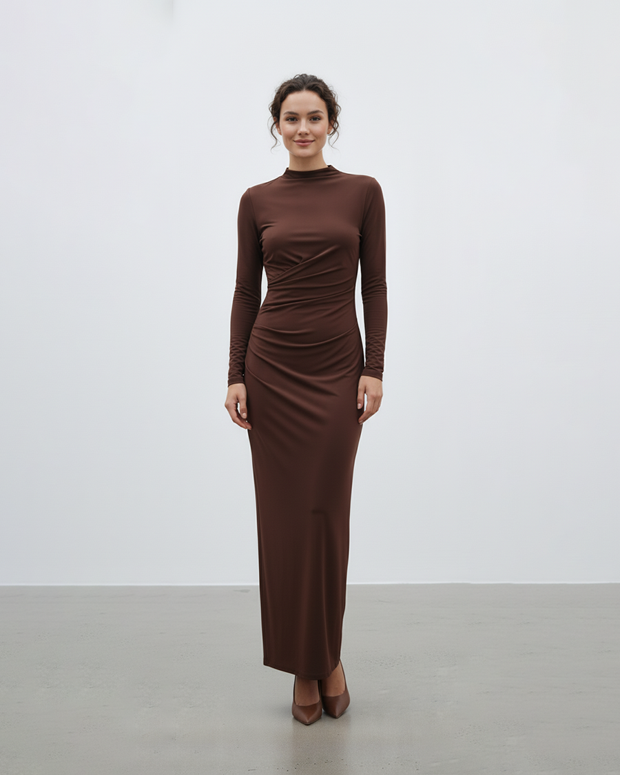 UZUN KOL DRAPELİ MAKSİ ELBİSE