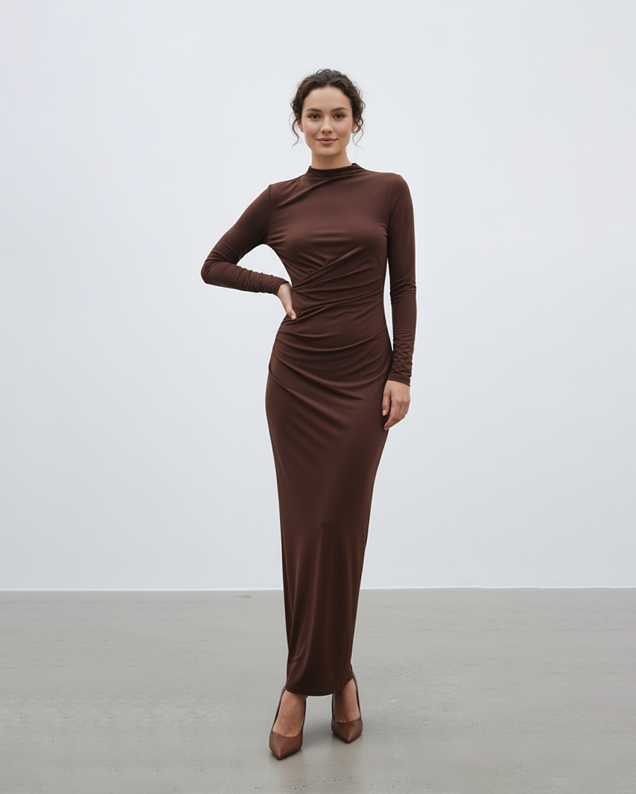 UZUN KOL DRAPELİ MAKSİ ELBİSE