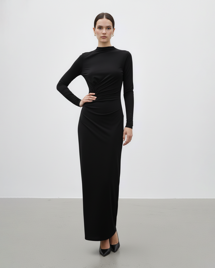 UZUN KOL DRAPELİ MAKSİ ELBİSE