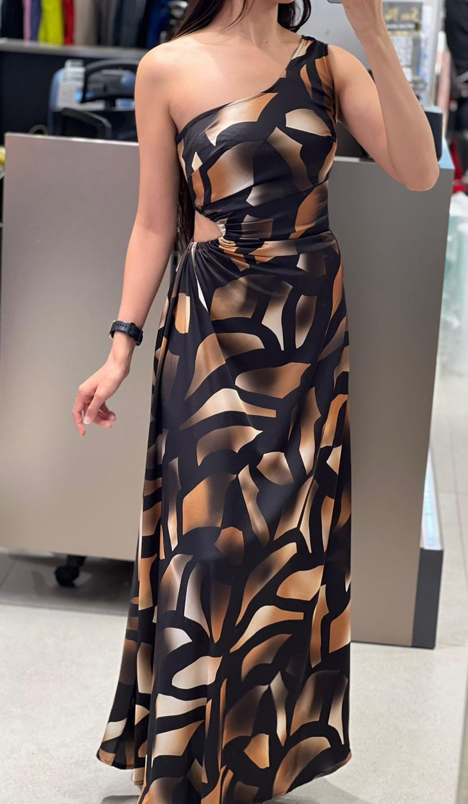 Bel Detaylı Desenli Kahverengi Saten Elbise