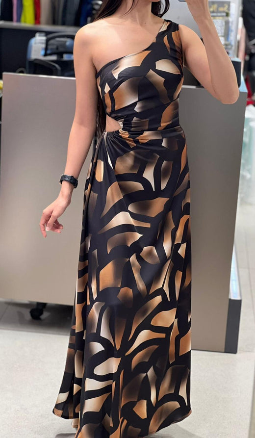 Bel Detaylı Desenli Kahverengi Saten Elbise